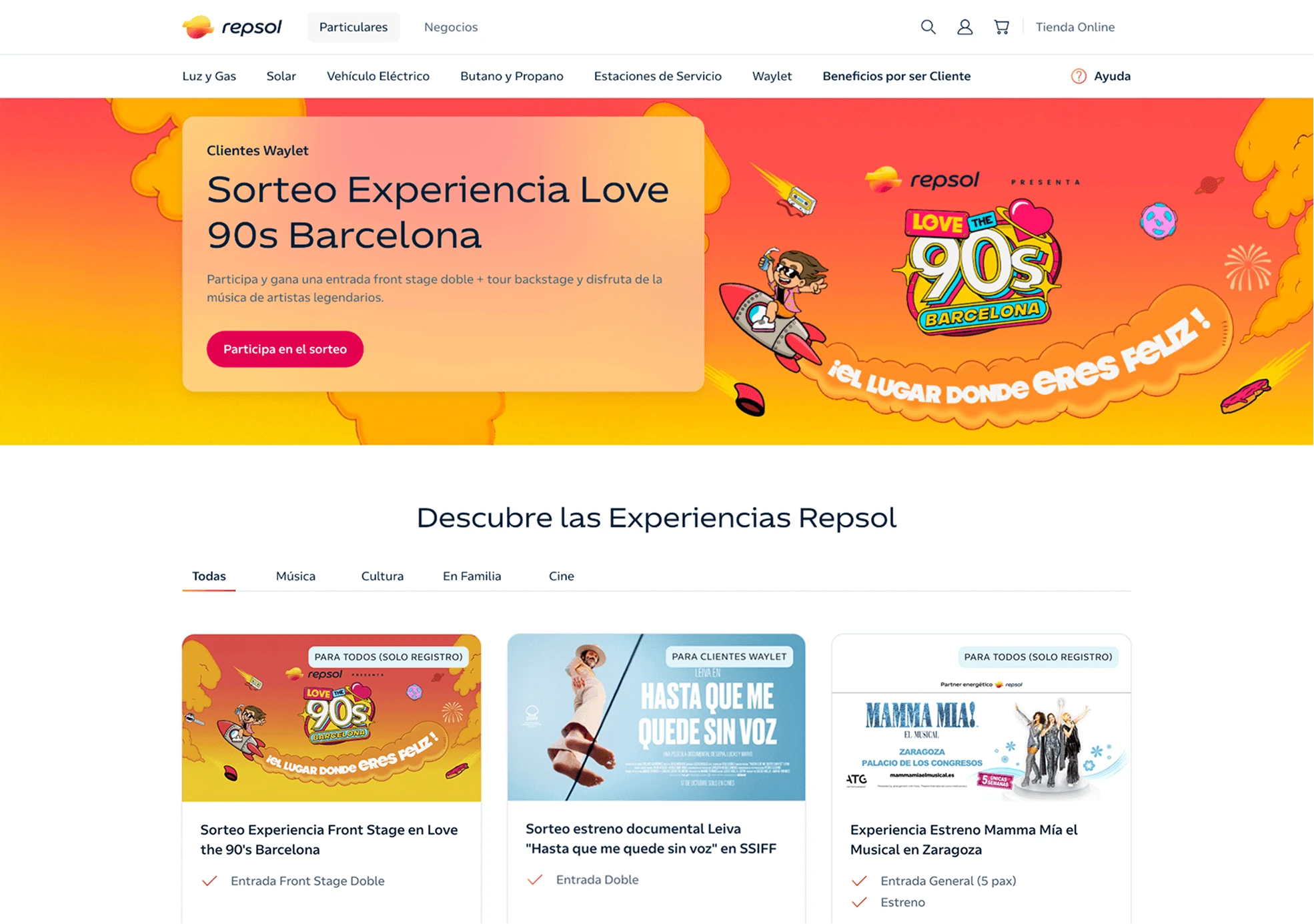 Repsol benefits page featuring the Love the 90s Barcelona experience giveaway.