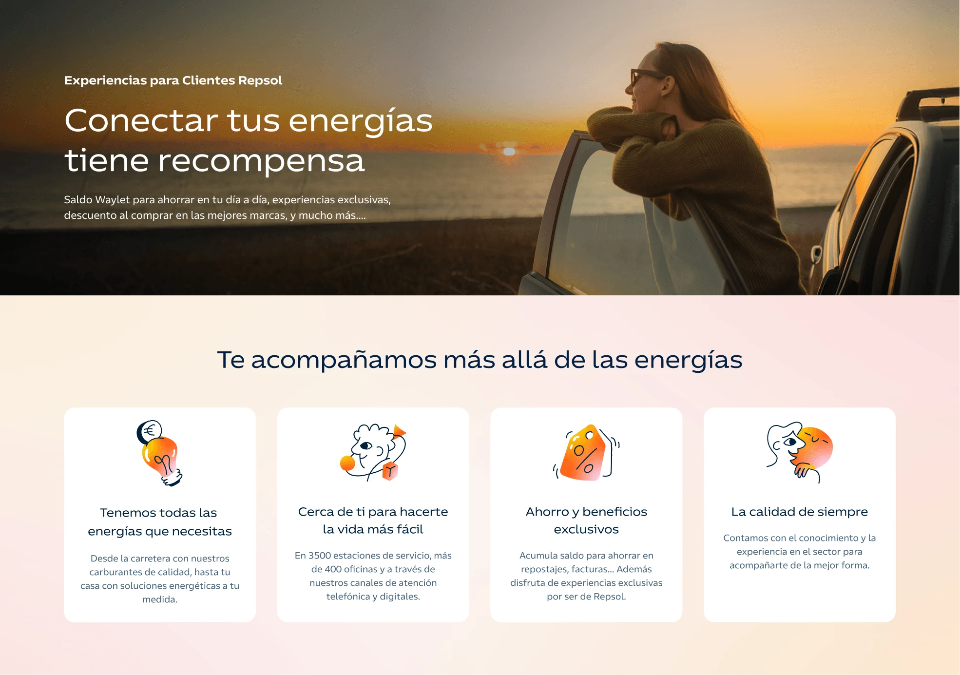 Repsol benefits interface featuring the headline “Connecting your energy has its rewards.”