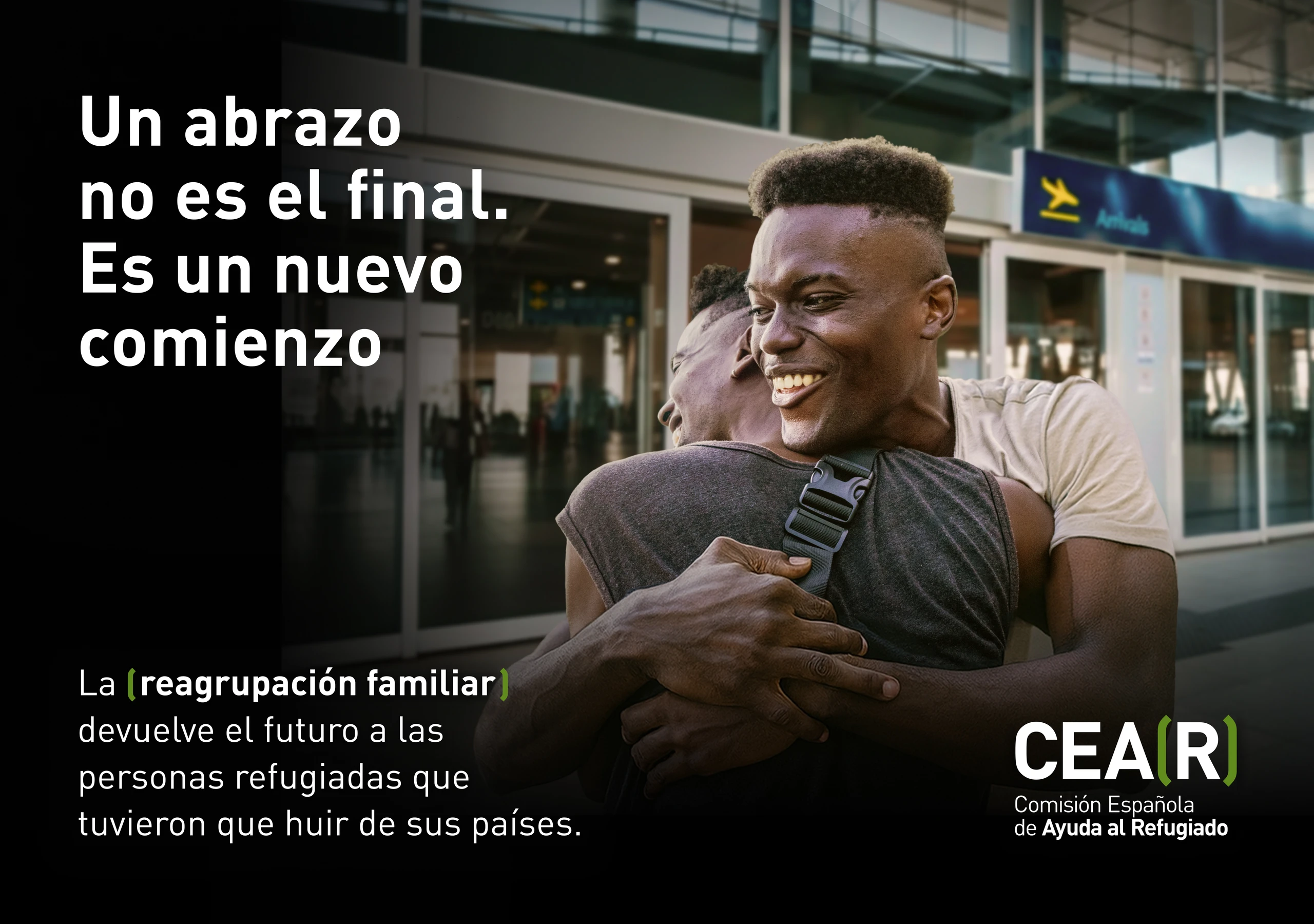 Pieza de la campaña con dos personas abrazándose en un aeropuerto y el mensaje Un abrazo no es el final.