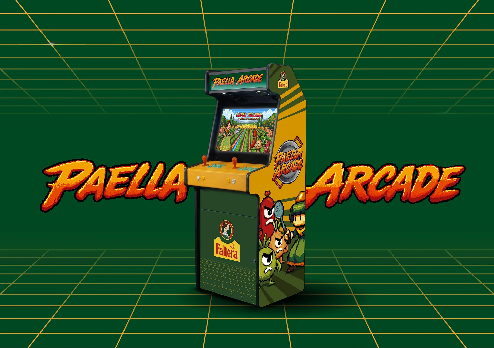 Máquina recreativa de Paella Arcade sobre retícula verde.
