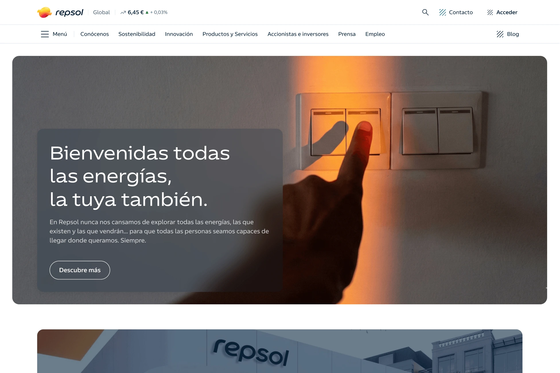 Homepage de Repsol con el titular Bienvenidas todas las energías, la tuya también.