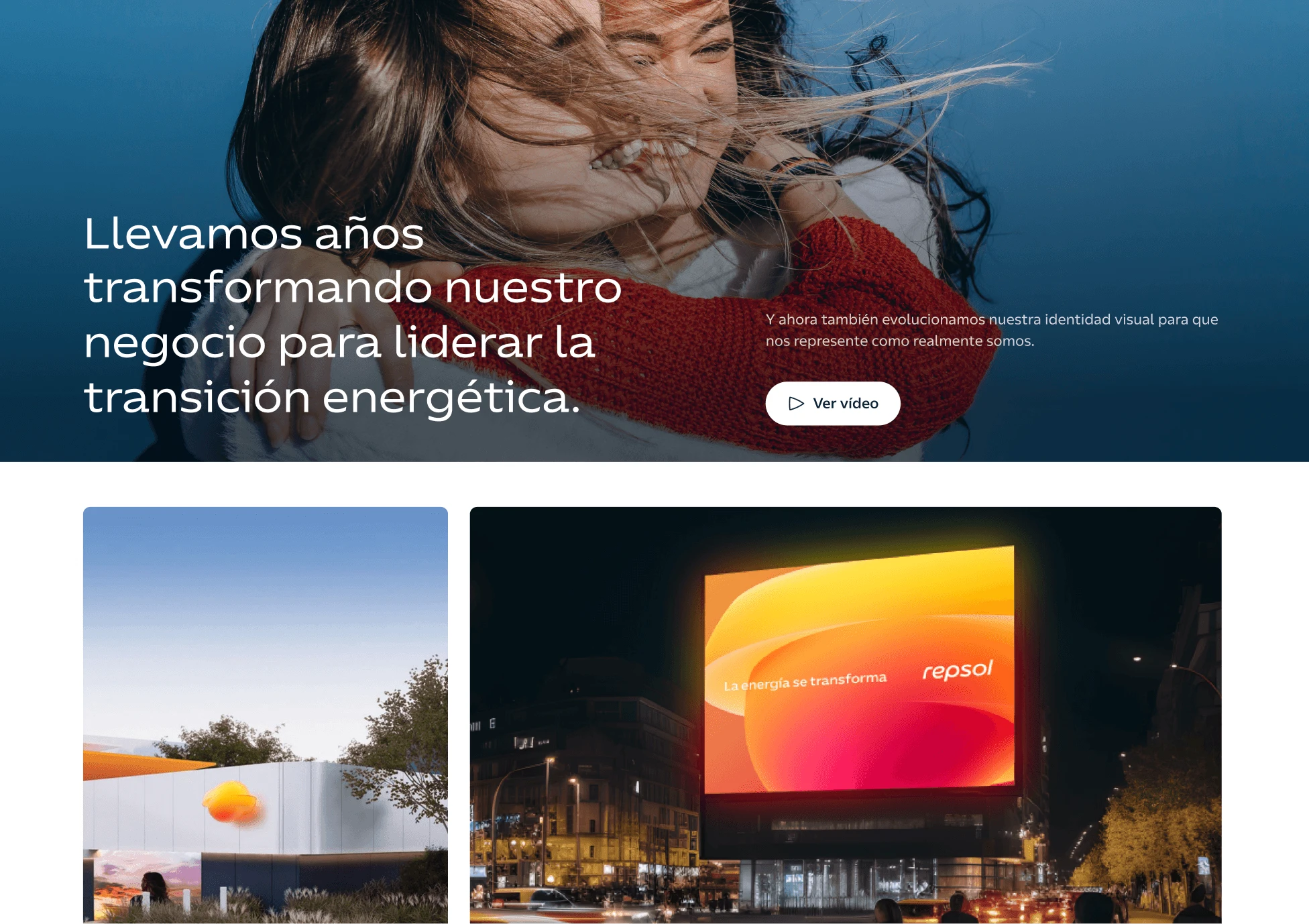 Bloque de la transición energética de Repsol, con la nueva identidad en fachada y pantalla urbana.