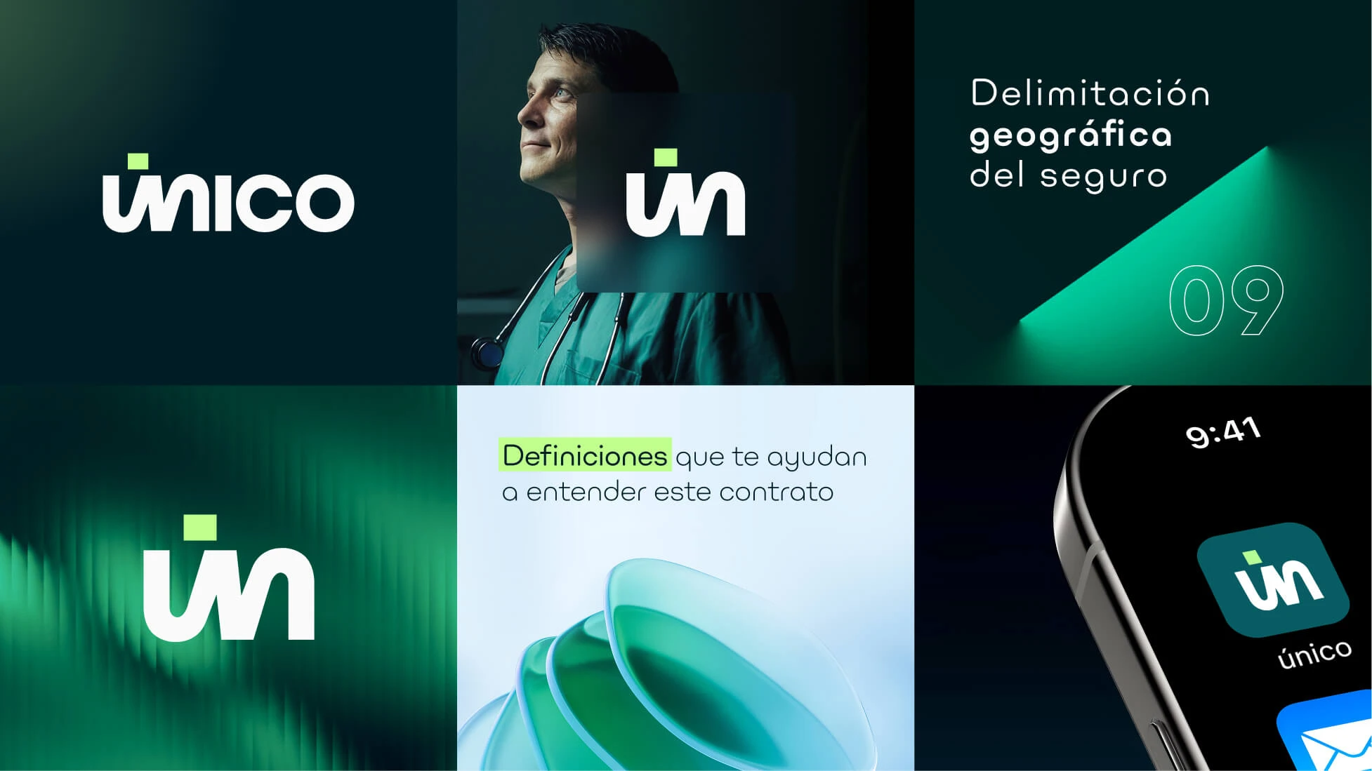 Collage de la identidad de Único, con el logotipo, un médico y la delimitación geográfica del seguro.